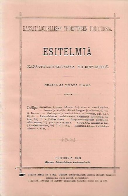 Esitelmiä Kansantaloudellisessa yhdistyksessä - Neljäs ja viides vihko