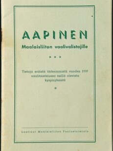 Aapinen Maalaisliiton vaalivalistajille - tietoja eräistä tärkeimmistä vuoden 1936 vaalitaistelussa esillä olevista kysymyksistä